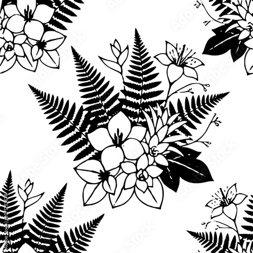 Fern and Flower Cluster - Black and White Vector Art