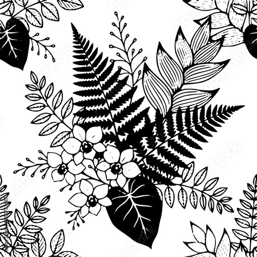 Fern and Flower Cluster - Minimalist Vector Illustration