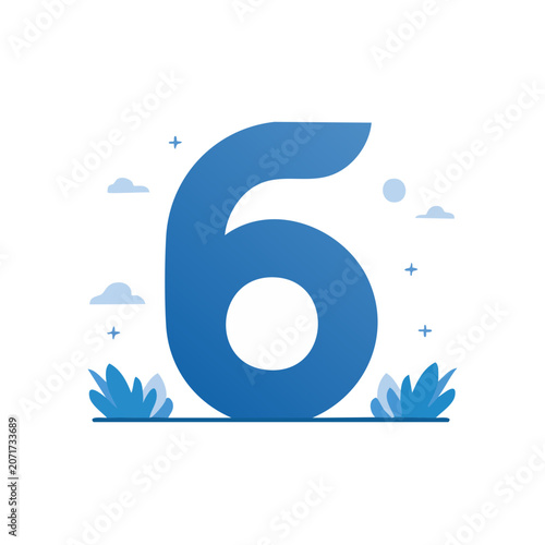 Flat design number six with clouds and plants