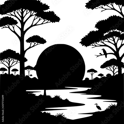 Rainforest Sunrise - Black and White Vector Art