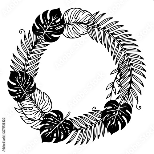 Jungle Leaf Frame - Black and White Vector Art
