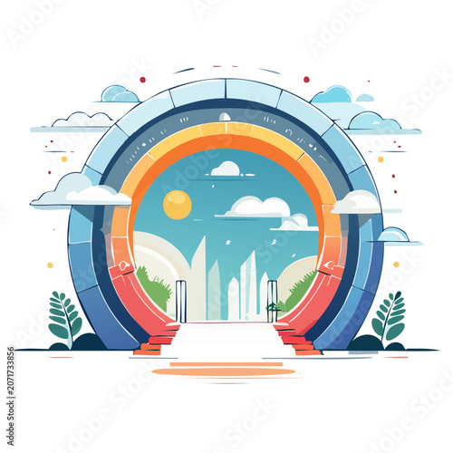 Futuristic Portal with Cityscape and Sunny Sky
