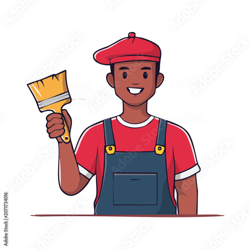 Smiling painter holding paintbrush, flat vector illustration