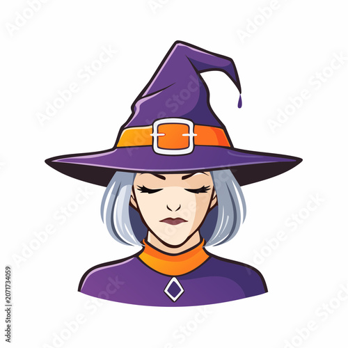Witch portrait with purple hat and orange trim