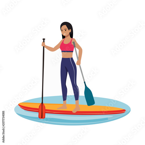 Woman paddleboarding on surfboard flat vector illustration