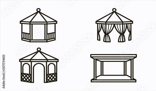 Set of four black and white gazebo pavilion vector illustrations with hexagonal, arched, curtained, and rectangular architectural designs