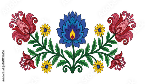Symmetrical floral vector illustration with central blue flower, leafy branches, yellow daisies, red ornamental blossoms, decorative folk art design elements