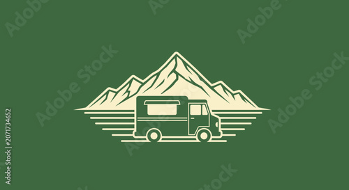 Retro Food Truck Symbol With Mountain Backdrop Signifying Adventure And Culinary Journey