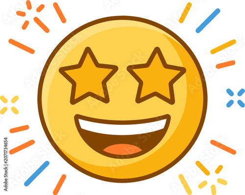 Star eyes emoji with excited smile, yellow star-struck emoticon vector, happy face with sparkling rays for social media and chat apps