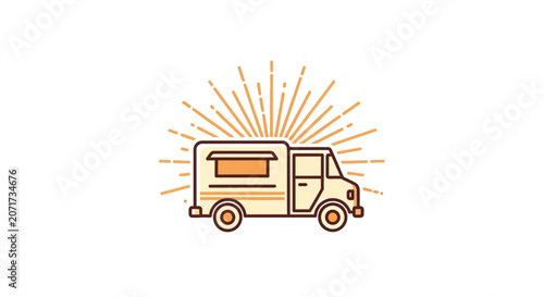 Retro Food Truck Symbol with Sunburst Bursting with Positive Energy and Movement