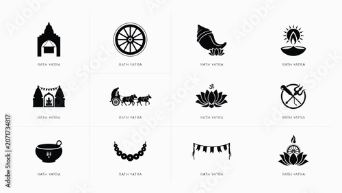 Detailed icon set featuring rath yatra themes with chariots temples and religious symbols.