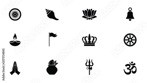 Foto Black silhouette collection of religious symbols including lamps conch and indian emblems