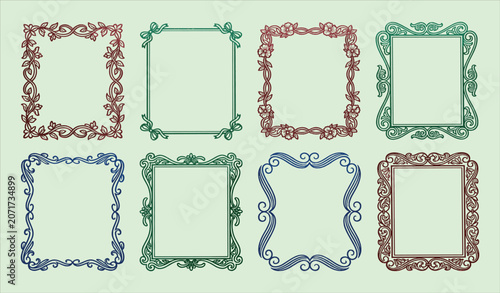 Set of eight ornate decorative square frames with floral, scrollwork, symmetrical motifs in red, green, blue, and brown colors