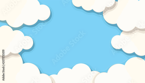 Stylized sky illustration with fluffy white clouds framing bright blue background, playful cartoon aesthetic suitable for children’s creative design