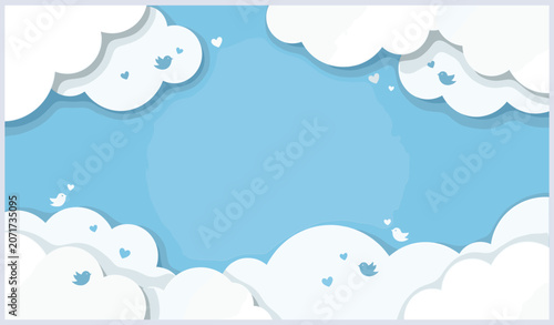 Whimsical sky illustration with fluffy clouds, blue background, bird silhouettes, and heart icons in playful social media themed design