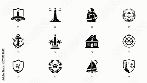 Foto Set of nautical icons featuring lighthouses sailing ships anchors and various sea themes