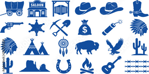 Collection of Wild West vector icons including cowboy hat, revolver, sheriff badge, teepee, cactus, eagle, buffalo, and saloon