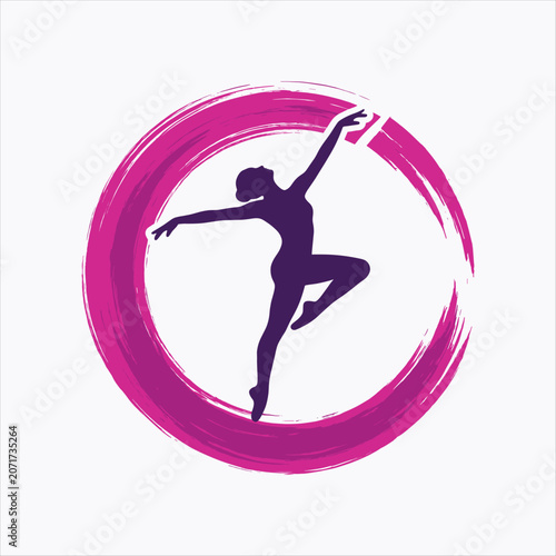 Stylized dancer silhouette in mid-leap inside incomplete circular pink-purple brushstroke, symbolizing creativity, movement, and artistic expression
