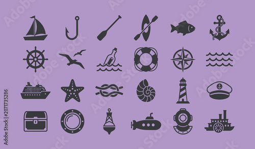 Set of 25 nautical-themed vector icons including sailboat, anchor, compass, lighthouse, treasure chest, submarine, and diving helmet
