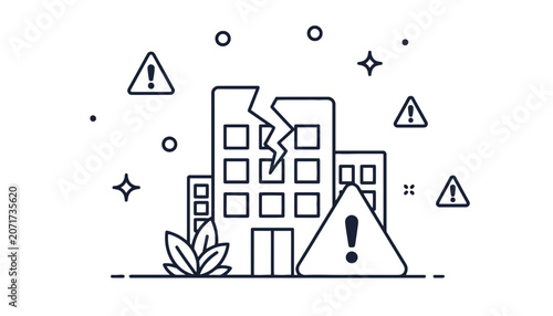 Cracked building disaster warning graphic icon with disaster