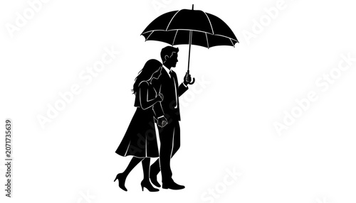 Couple walking together under umbrella silhouette icon