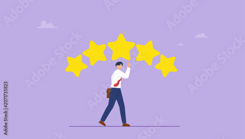 Businessman employee pointing to 5 stars score rating. 5 Stars performance evaluation concept, satisfaction or quality feedback review, star rating for appraisal, assessment or appreciation score.