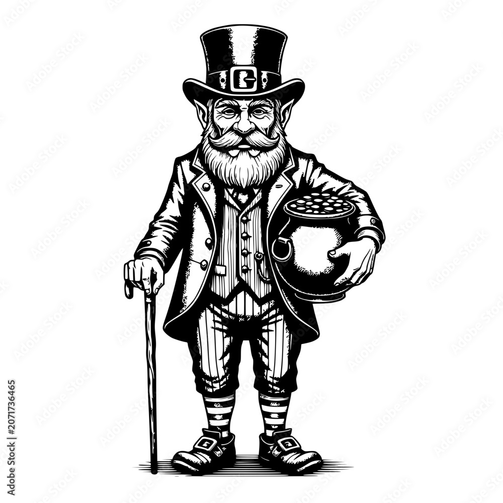 Obraz premium Leprechaun Holding Pot of Gold, St. Patrick's Day, Irish Folklore Character, Black and White