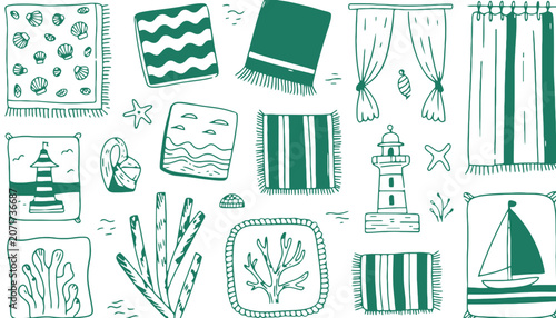 Nautical beach elements hand drawn vector doodle set