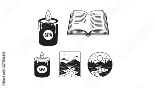 Spa relaxation icons set with candles and open book