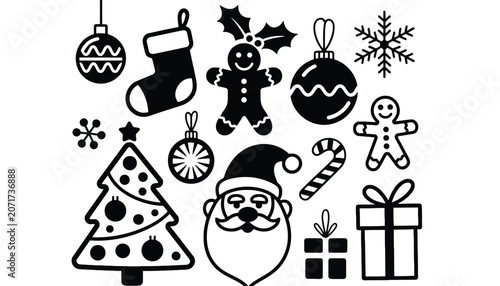 Christmas festive holiday icons black and white set
