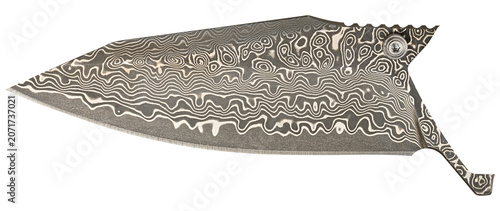 Vászonkép A knife blade with the characteristic wavy and ringed pattern typical of Damascus steel