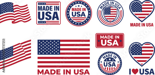 American patriotic icons set with flag, made in USA labels, stars, stripes, heart shapes, national pride designs