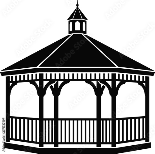Black silhouette gazebo illustration with hexagonal or octagonal shape, pointed roof, cupola, arches, and decorative railings design
