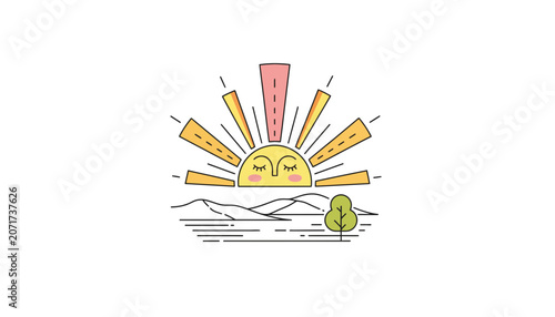 Sunrise landscape with sleepy sun face illustration