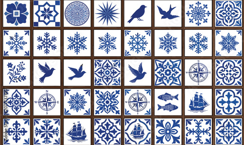 Blue and white decorative ceramic tile grid with floral, geometric, nautical, bird, fish, and compass rose vintage designs