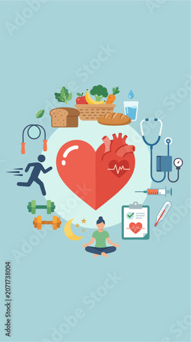 Minimalist 2D flat illustration of a preventive heart care scene showing lifestyle icons like healthy food, exercise, and medical check-up surrounding a simple heart shape