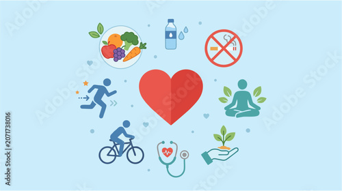 Minimalist 2D flat illustration of a preventive heart care scene showing lifestyle icons like healthy food, exercise, and medical check-up surrounding a simple heart shape