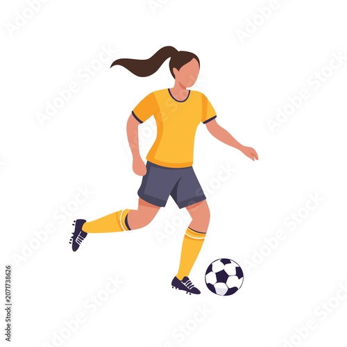 Female soccer player kicking ball flat vector illustration