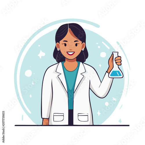 Female scientist holding flask in lab coat, flat vector illustration