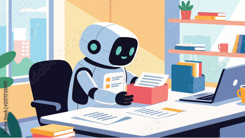 Pixel robot organizing papers in a box at an office desk robot.