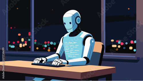 Pixel robot typing on keyboard in a dark office with city lights.