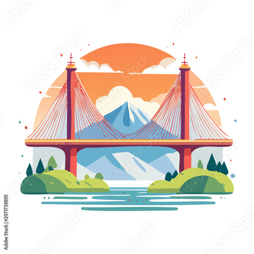 Flat illustration of suspension bridge over river with mountains