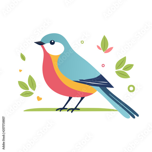 Flat vector illustration of a colorful bird with foliage