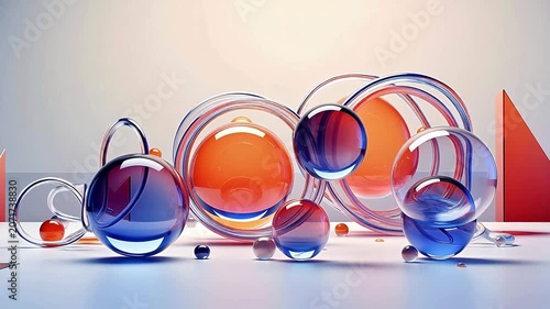 Digital technology floating geometrical elements colorful transparent glass background