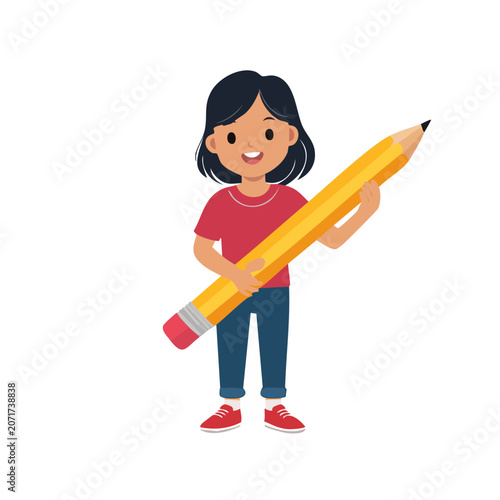 Girl holding large pencil in flat illustration style