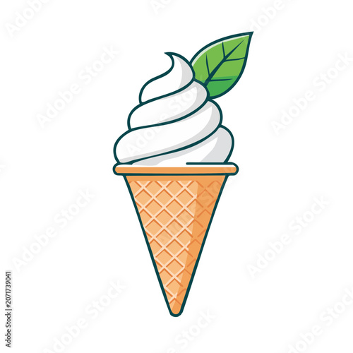 Soft Serve Ice Cream in Waffle Cone with Leaf