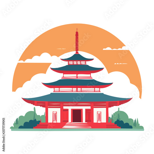 Traditional East Asian Pagoda Flat Vector Illustration