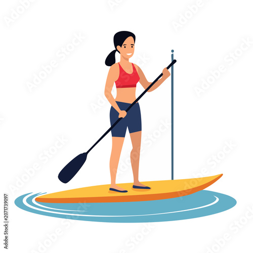 Woman paddleboarding on a paddleboard, flat vector illustration