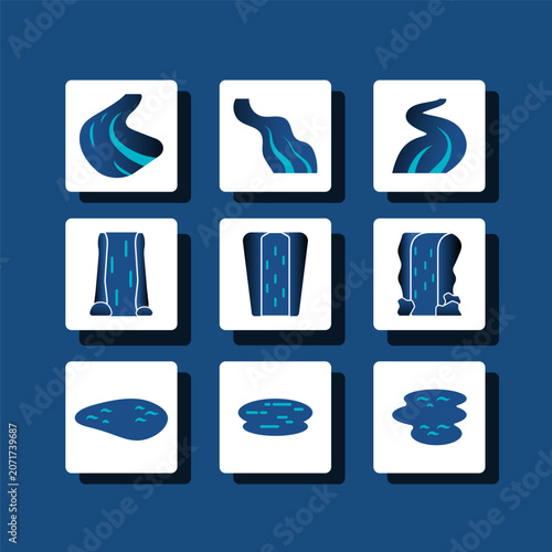 Each icon shows a unique water feature: rivers, waterfalls, and pools