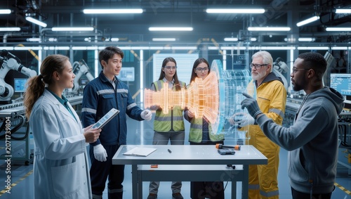 Multiethnic team of engineers examining 3D holographic turbine model in high-tech manufacturing facility. Collaborative industrial design and digital twin technology development.